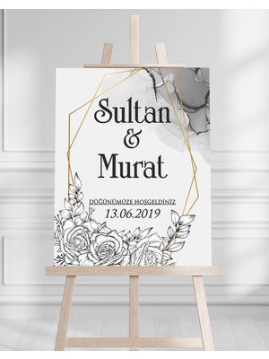 Söz Nişan Düğün Için 50X70 Karşılama Panosu - Gri Renkli Çiçek Tasarımlı