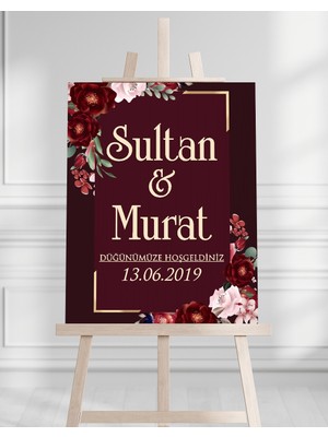 Söz Nişan Düğün Için 50X70 Karşılama Panosu - Kırmızı Çiçek Temalı
