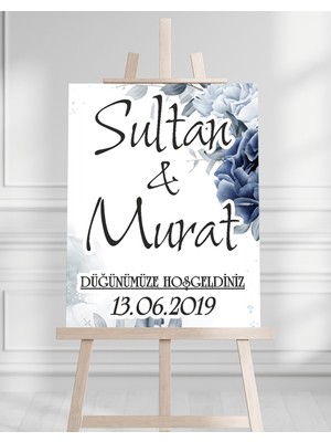 Söz Nişan Düğün Için 50X70 Karşılama Panosu - Mavi Çiçek ve Mavi Tasarımlı