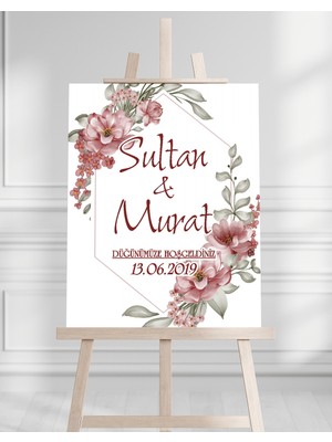 Söz Nişan Düğün Için 50X70 Karşılama Panosu - Mor Çiçek Desenli