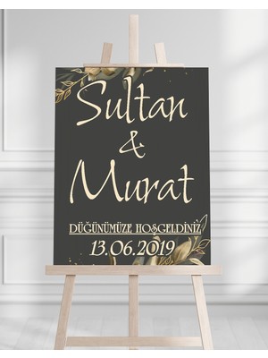 Söz Nişan Düğün Için 50X70 Karşılama Panosu - Siyah ve Gold Çiçek Temalı 03