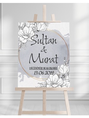 Söz Nişan Düğün Için 50X70 Karşılama Panosu - Gri Çiçek Desenli 002