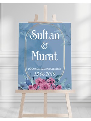 Söz Nişan Düğün Için 50X70 Karşılama Panosu - Mavi Çiçek Tasarımlı 2