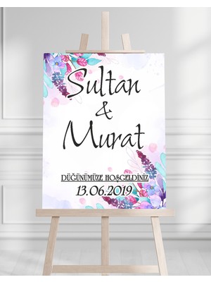 Söz Nişan Düğün Için 50X70 Karşılama Panosu - Mor Renkli Çiçek Temalı
