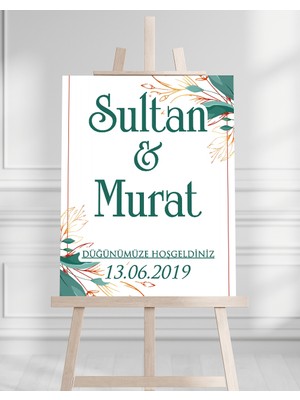 Söz Nişan Düğün Için 50X70 Karşılama Panosu - Altın ve Yeşil Çiçek Temalı