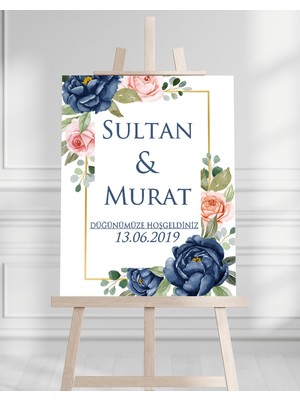 Söz Nişan Düğün Için 50X70 Karşılama Panosu - Mavi Çiçek Desenli 002