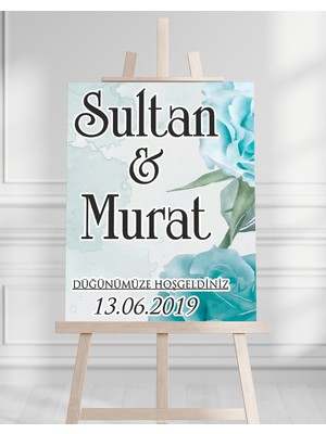 Söz Nişan Düğün Için 50X70 Karşılama Panosu - Turkuaz Çiçek ve Yaprak Tasarımlı