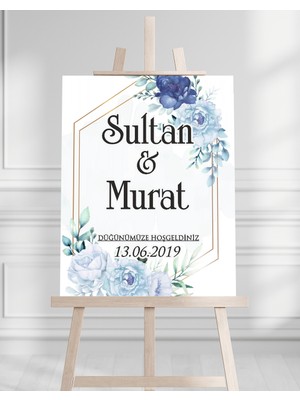 Söz Nişan Düğün Için 50X70 Karşılama Panosu - Mavi Çiçek Tasarımlı 003