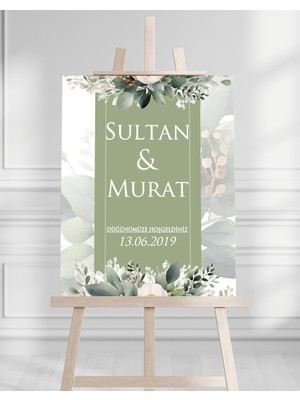 Söz Nişan Düğün Için 50X70 Karşılama Panosu - Yeşil Çiçek Desenli 004