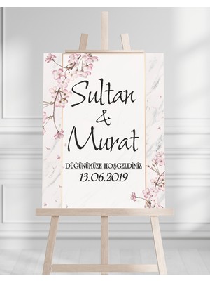 Söz Nişan Düğün Için 50X70 Karşılama Panosu - Pembe Renkleri Çiçek Temalı