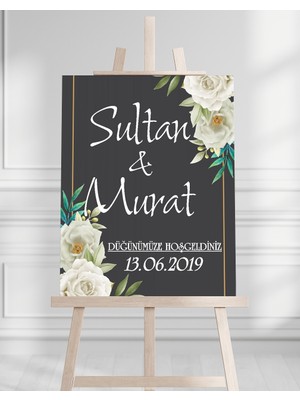 Söz Nişan Düğün Için 50X70 Karşılama Panosu - Siyah ve Gold Çiçek Temalı 05