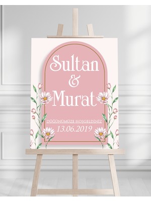 Söz Nişan Düğün Için 50X70 Karşılama Panosu - Pembe Çiçek Tasarımlı 011
