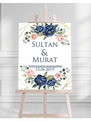 Söz Nişan Düğün Için 50X70 Karşılama Panosu - Mavi Gül Desenli