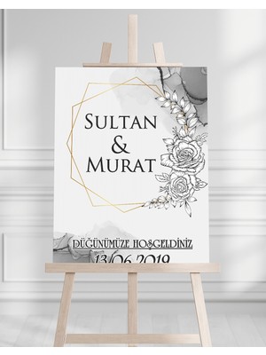 Söz Nişan Düğün Için 50X70 Karşılama Panosu - Gri Çiçek Desenli 005