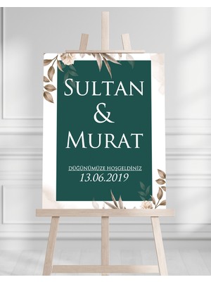Söz Nişan Düğün Için 50X70 Karşılama Panosu - Yeşil Çiçek Desenli 003