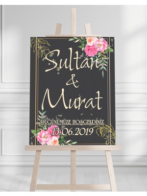 Söz Nişan Düğün Için 50X70 Karşılama Panosu - Renkli Çiçek ve Siyah Tasarımlı