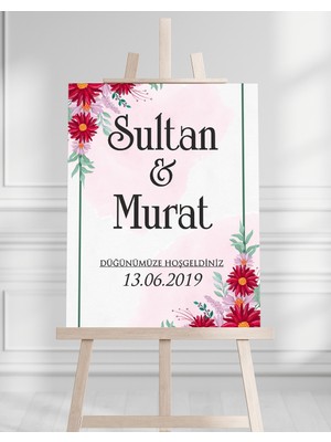 Söz Nişan Düğün Için 50X70 Karşılama Panosu - Kırmızı Çiçek Desenli