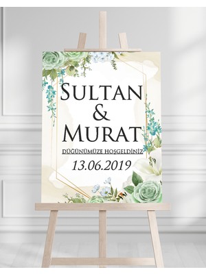Söz Nişan Düğün Için 50X70 Karşılama Panosu - Yeşil Renkleri Çiçek Temalı