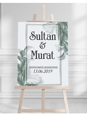 Söz Nişan Düğün Için 50X70 Karşılama Panosu - Yeşil Yaprak Desenli