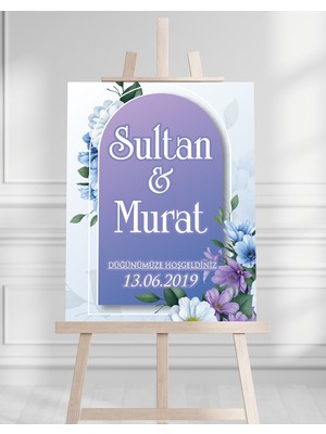 Söz Nişan Düğün Için 50X70 Karşılama Panosu - Mor Çiçek Tasarımlı 001