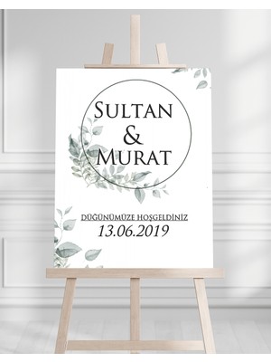 Söz Nişan Düğün Için 50X70 Karşılama Panosu - Yeşil Çiçek Tasarımlı 006