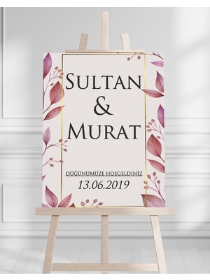 Söz Nişan Düğün Için 50X70 Karşılama Panosu - Pembe Yaprak Tasarımlı