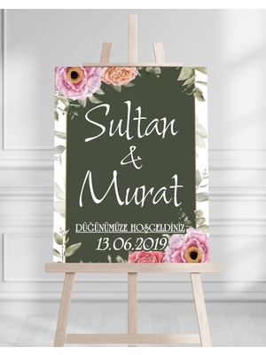 Söz Nişan Düğün Için 50X70 Karşılama Panosu - Renkli Çiçek ve Yeşil Tasarımlı
