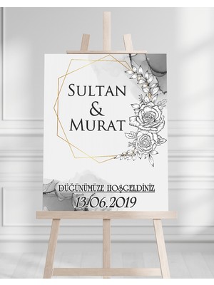 Söz Nişan Düğün Için 50X70 Karşılama Panosu - Gri Çiçek Desenli