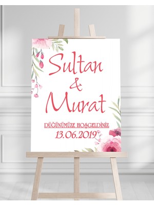 Söz Nişan Düğün Için 50X70 Karşılama Panosu - Pembe Ren Çiçek Temalı