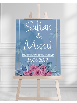 Söz Nişan Düğün Için 50X70 Karşılama Panosu - Mavi Çiçek Tasarımlı 1