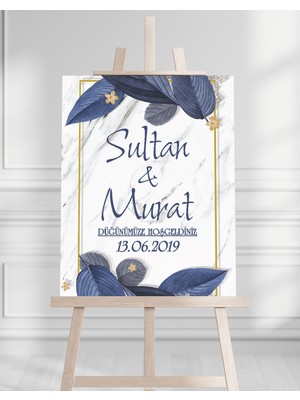 Söz Nişan Düğün Için 50X70 Karşılama Panosu - Mavi Renk Çiçek Temalı 07