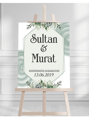 Söz Nişan Düğün Için 50X70 Karşılama Panosu - Yeşil Çiçek Tasarımlı 005