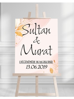 Söz Nişan Düğün Için 50X70 Karşılama Panosu - Pembe ve Altın Çiçek Desenli