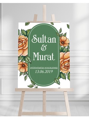 Söz Nişan Düğün Için 50X70 Karşılama Panosu - Renkli Çiçek ve Yeşil Desenli
