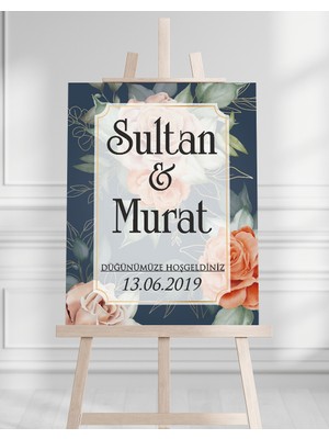 Söz Nişan Düğün Için 50X70 Karşılama Panosu - Yeşil Pastel Çiçek Tasarımlı