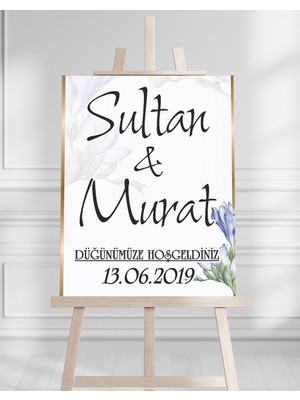 Söz Nişan Düğün Için 50X70 Karşılama Panosu - Mavi Çiçek Desenli Pano