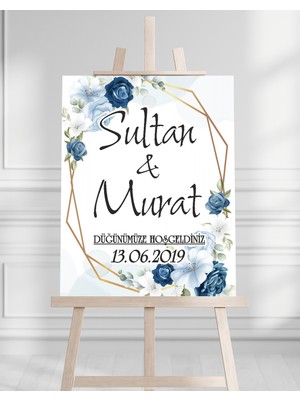 Söz Nişan Düğün Için 50X70 Karşılama Panosu - Mavi Çiçek Tasarımlı 008