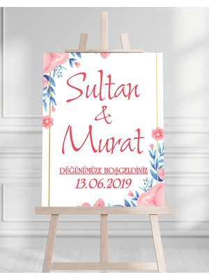 Söz Nişan Düğün Için 50X70 Karşılama Panosu - Pembe Renkleri Çiçek Temalı 01
