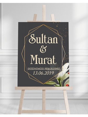 Söz Nişan Düğün Için 50X70 Karşılama Panosu - Siyah ve Gold Çiçek Temalı 09
