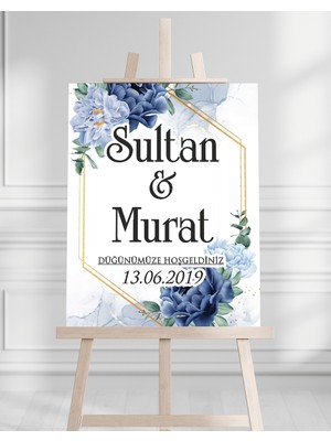 Söz Nişan Düğün Için 50X70 Karşılama Panosu - Mavi Çiçek ve Yaprak Tasarımlı