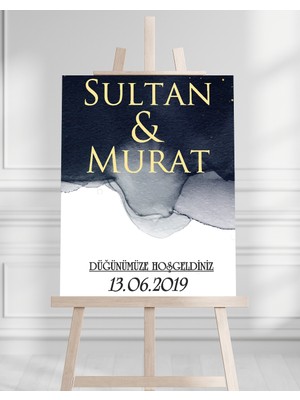 Söz Nişan Düğün Için 50X70 Karşılama Panosu - Mavi ve Altın Tasarımlı 001