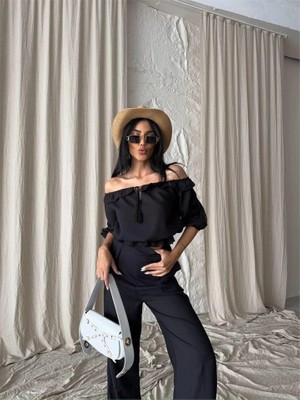 Stores36 Keten Madonna Yaka Kol Hasır Şerit - Pantolon Takım - Siyah