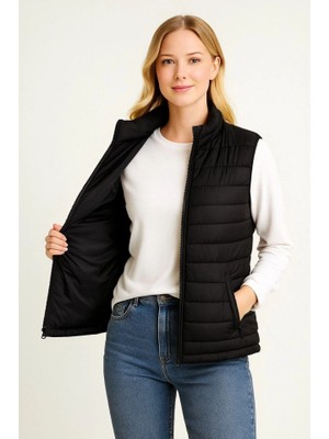 Stores36 Şişme Fermuarlı Yelek Su Itici Kapitone Astarlı Kumaş Cepli Hafif Kışlık Spor Rahat Kalıp - Siyah