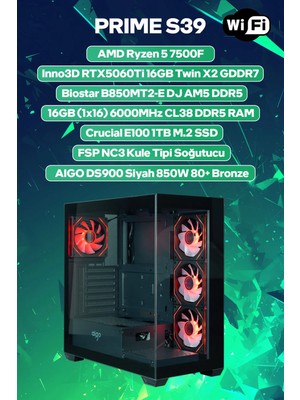 Game Garaj Prime S39 Amd Ryzen 5 7500F 16GB Ram 1tb SSD RTX5060TI 16GB 120MM Sıvı Soğt Freedos Oyuncu Oem Paket