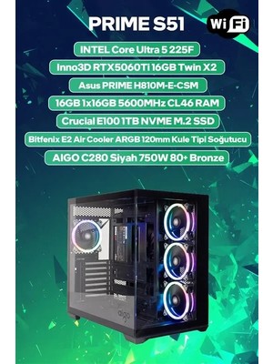 Game Garaj Prime S51 Intel Ultra 5 225F 16GB Ram 1tb SSD RTX5060TI 16GB Freedos Oyuncu Oem Paket