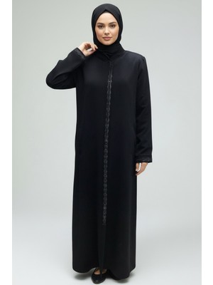 Ece Giyim Kadın Önü Patlı Işlemeli Fermuarlı Hakim Yaka Kol Ağzı Işlemeli Büyük Beden Ferace