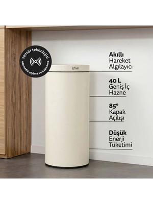 5five Delta 40 L Otomatik Sensörlü Çöp Kovası | Metal Gövde, Akıllı Hareket Algılayıcı, Enerji Tasarruflu, Bej