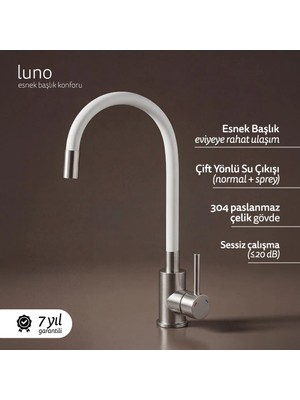 Deante LUNO Mutfak Bataryası – Esnek Uçlu, Çift Akışlı, Sessiz Akış, Beyaz-Çelik