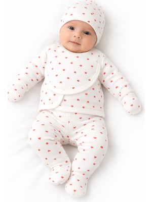 Babyshez %100 Pamuklu Fitilli 5 Parça Yenidoğan Bebek Hastane Çıkışı Kalpli Zıbın Set