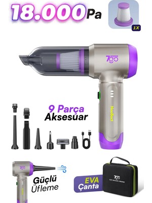 7go 7gab-02 Kablosuz Araç Içi Süpürge | 18.000PA Güçlü Emiş | Fırçasız Motor | 6000MAH Batarya | Toz Üfleme & Vakum 2’si 1 Arada